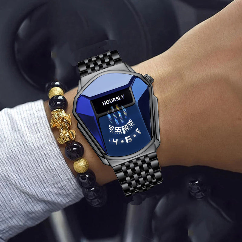 Fashion Luxury Hip-Hop Square Roman Diamond-Plated Stainless Steel Quartz Watch + Oval Hip-Hop Diamond-Plated Bracelet