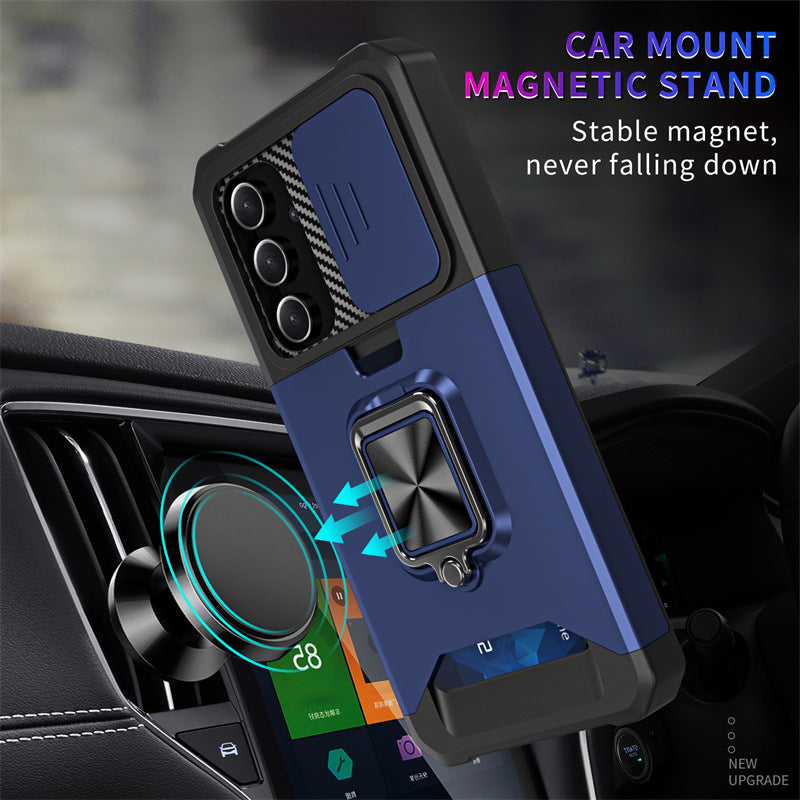 Slide Camera Card Slot Armor Phone Case for Samsung Galaxy S25 Magnetic Ring Stand Back Cover