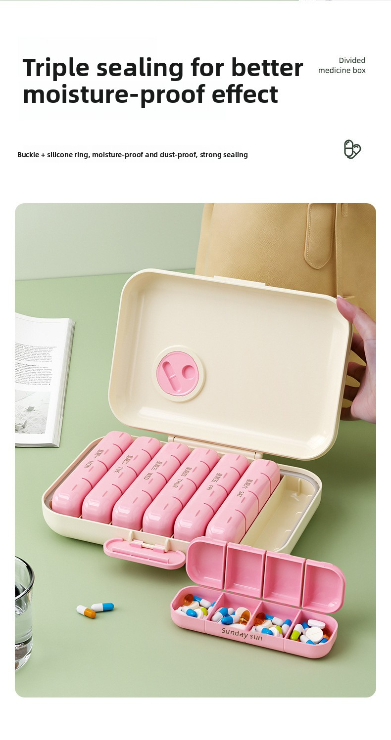 Seven days a week, medicine dispenser, three meals a day, travel, large capacity, portable, packaged pills, pill storage box