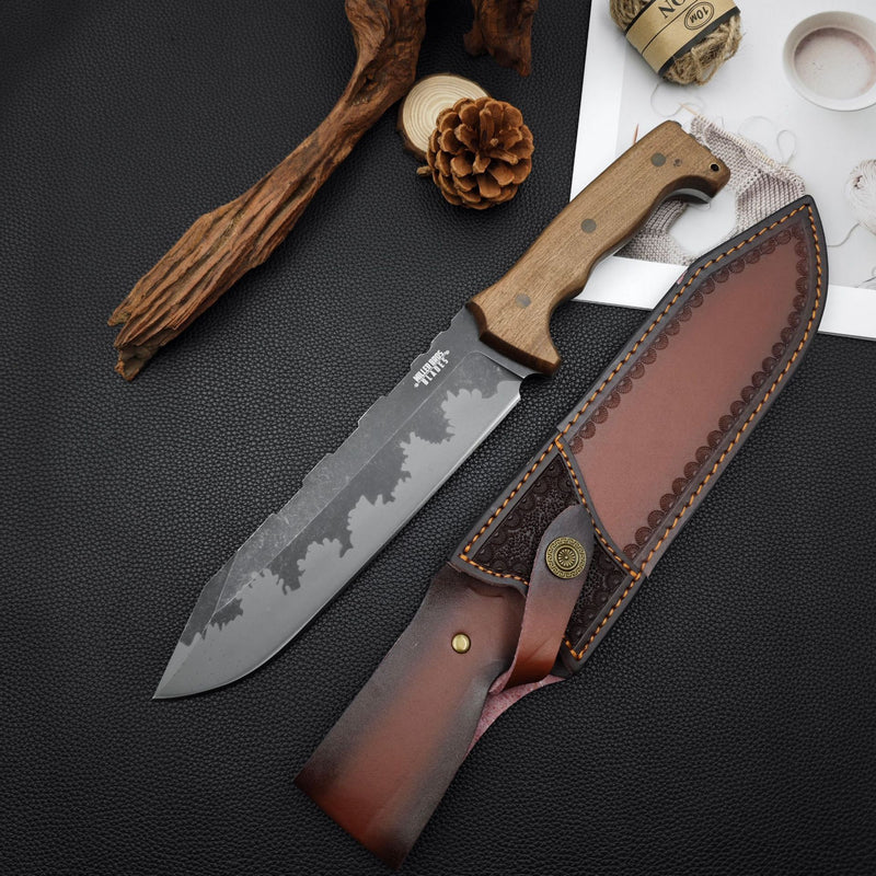 Handmade 9Cr18Mov Steel Hunting Knife with Leather Sheath, Full Tang Survival Bowie Knife for Camping, Outdoor, EDC