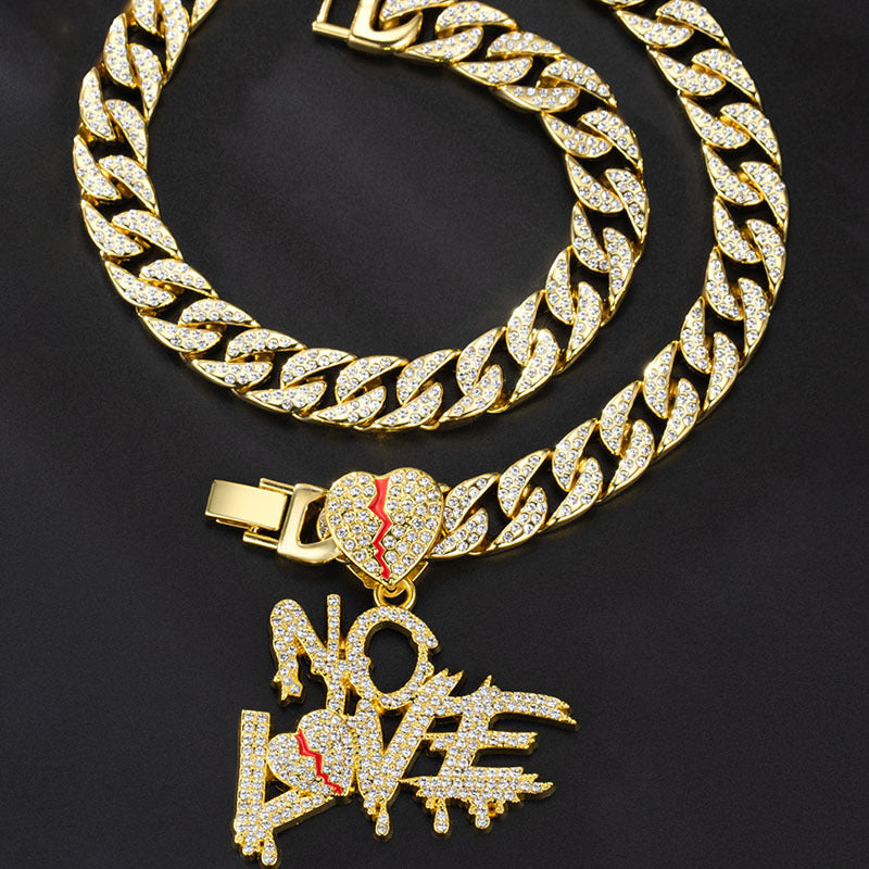 Hip-hop Full Diamond Cuban Chain Letter Heart Pendant Hiphop Street Culture Trendy Male Necklace