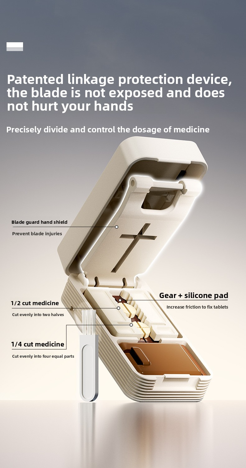 Quarter cut medicine dispenser accurately divides everything into two pills and a portable storage box