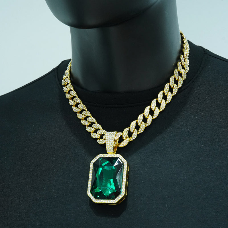 Iced Out Big Gemstone Pendant Cuban Link Chain Necklace for Men, Hip Hop Bling CZ Diamond Necklace, Gold Silver Rapper Jewelry