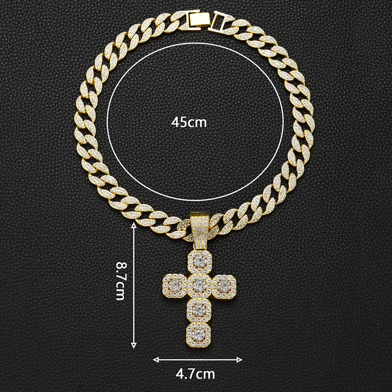 European & American Hip-hop Full Diamond Inlaid Cross Pendant Cuban Choker Necklace