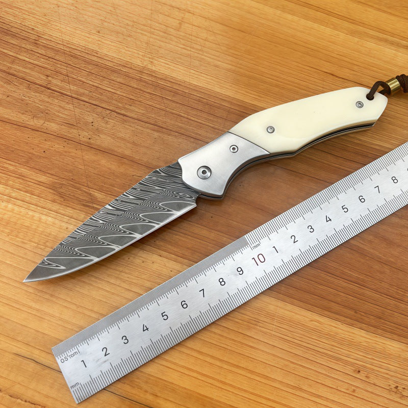 Handmade Damascus Steel Folding Pocket Knife, EDC Liner Lock Knife with White Resin Handle for Camping, Hiking, Everyday Carry