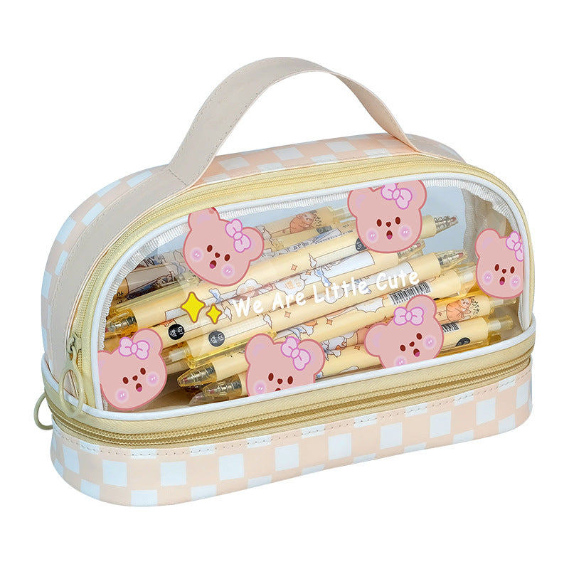 High-Appearance Double Cute Transparent Pen Bag Large Capacity Simple Zipper Student Portable Pencil Case Pencil Pouch