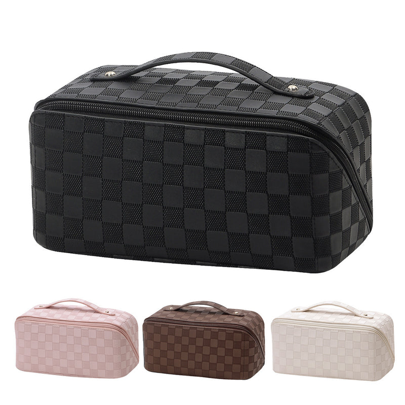 Fashionable Large Capacity Travel Portable Cosmetic Bag with Zipper Simple Checkerboard PU Waterproof Makeup Bag