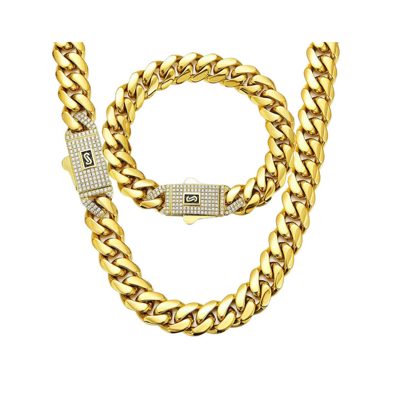 Luxury Iced Out Cuban Link Chain Set, Gold Plated CZ Diamond Necklace and Bracelet, Hip Hop Streetwear Jewelry Gift