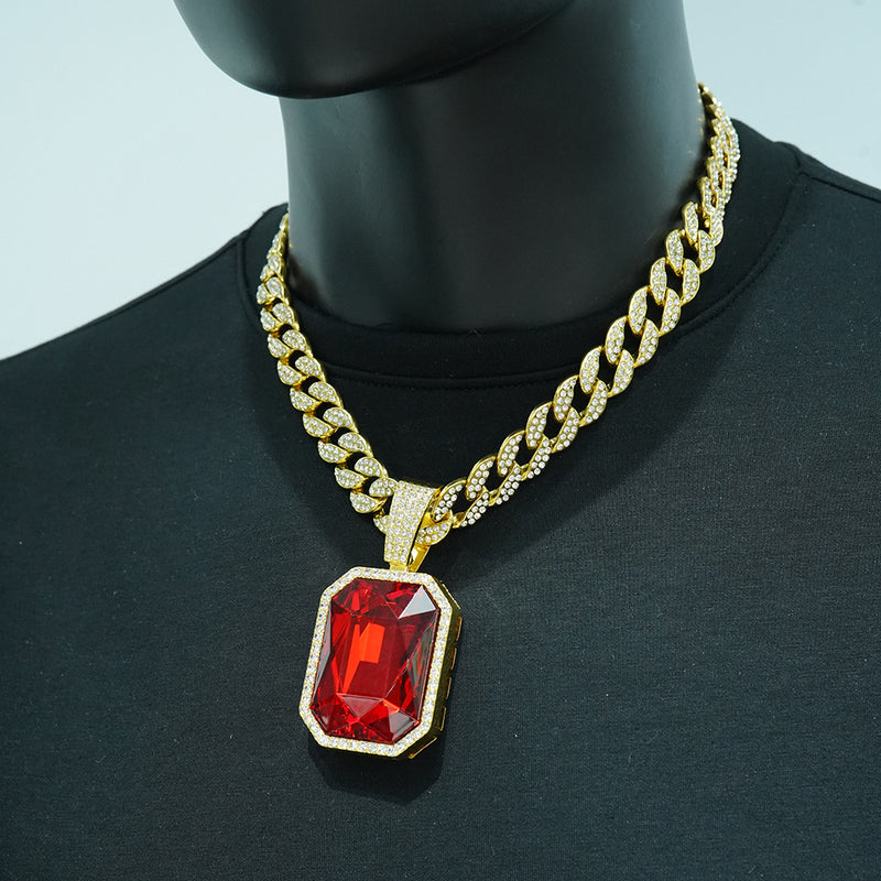 Iced Out Big Gemstone Pendant Cuban Link Chain Necklace for Men, Hip Hop Bling CZ Diamond Necklace, Gold Silver Rapper Jewelry