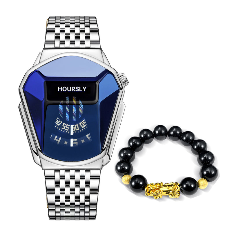 Fashion Luxury Hip-Hop Square Roman Diamond-Plated Stainless Steel Quartz Watch + Oval Hip-Hop Diamond-Plated Bracelet