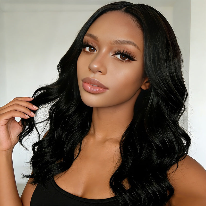 Wave shaped synthetic heat-resistant wig with bangs
