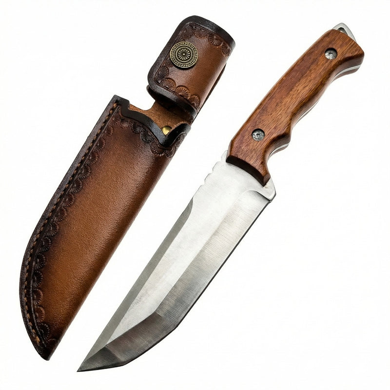 Full Tang Fixed Blade Hunting Knife with Leather Sheath, 5.12in Sharp Blade Survival Knife for Camping, Bushcraft, Outdoor