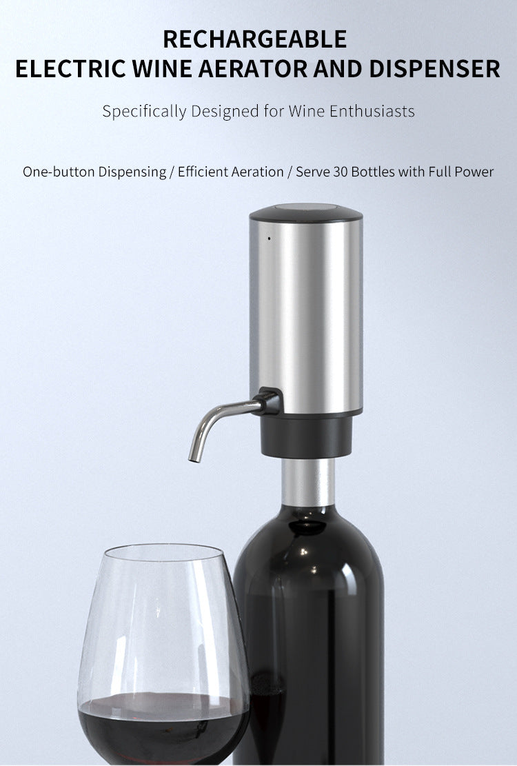Electric Wine Aerator and Dispenser, Rechargeable One-Button Automatic Wine Pourer with Built-in Aerator, Type-C Charging