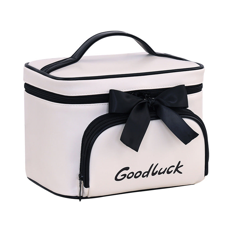 High-quality Eco-Friendly Portable Bow Decor PU Zipper Waterproof Large Capacity Hand-Held Makeup Bag