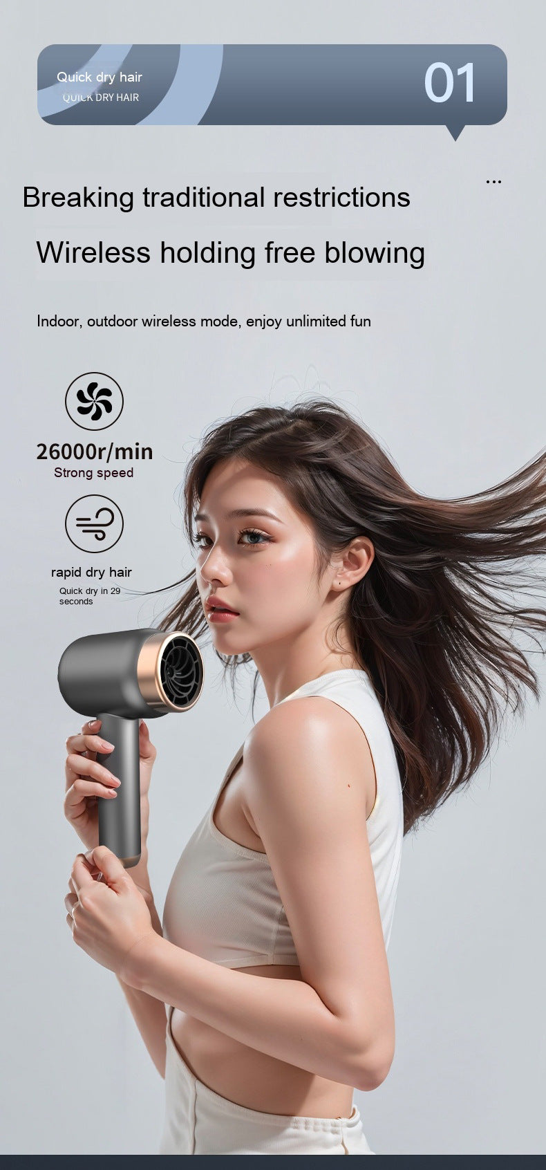 26000RPM Cordless Hair Dryer, Negative Ions,