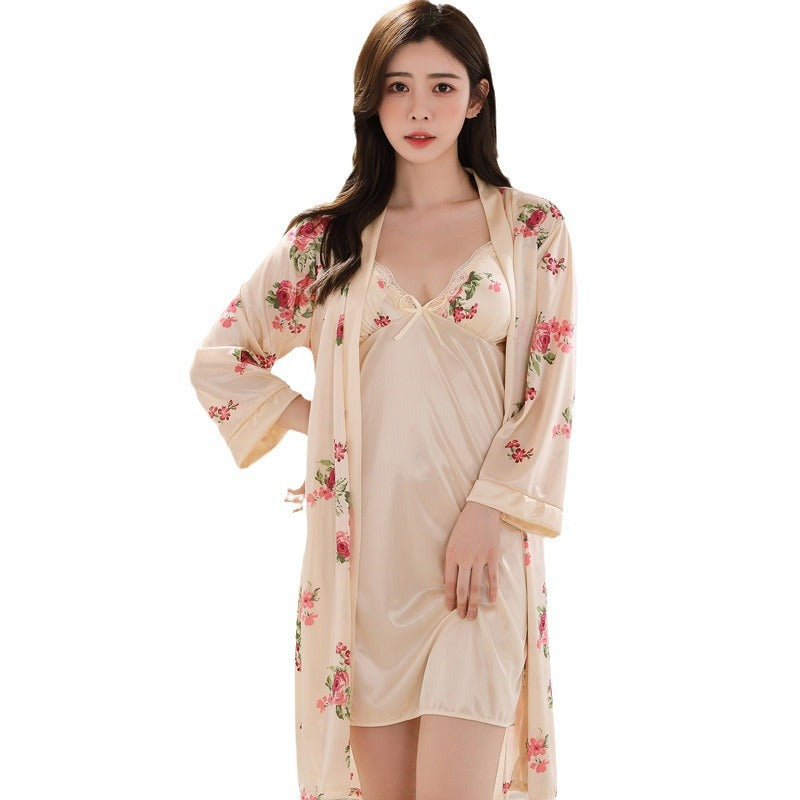 Woman Ice Silk Sleepwear Two-Piece Set with Straps, Underwire, and Bust Pads