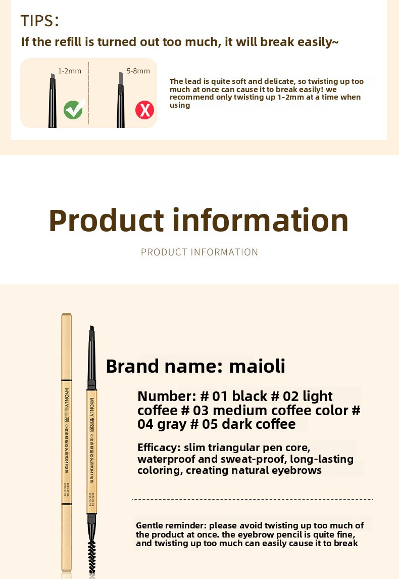 3 double headed eyebrow pencils, extremely fine, easy to color, three-dimensional, long-lasting, non smudging makeup triangle head eyebrow pencil