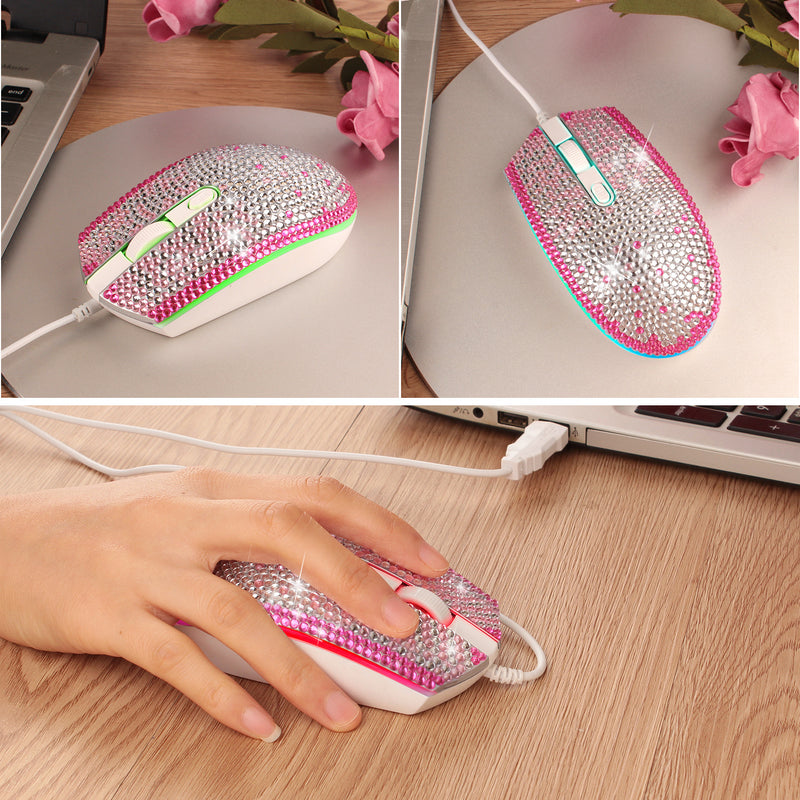 Bling Pink-White Gradient Full Rhinestone RGB Backlit Wired Mouse