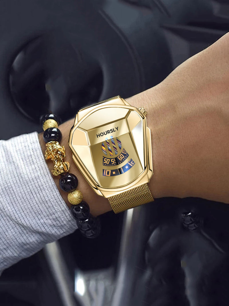 Fashion Luxury Hip-Hop Square Roman Diamond-Plated Stainless Steel Quartz Watch + Oval Hip-Hop Diamond-Plated Bracelet