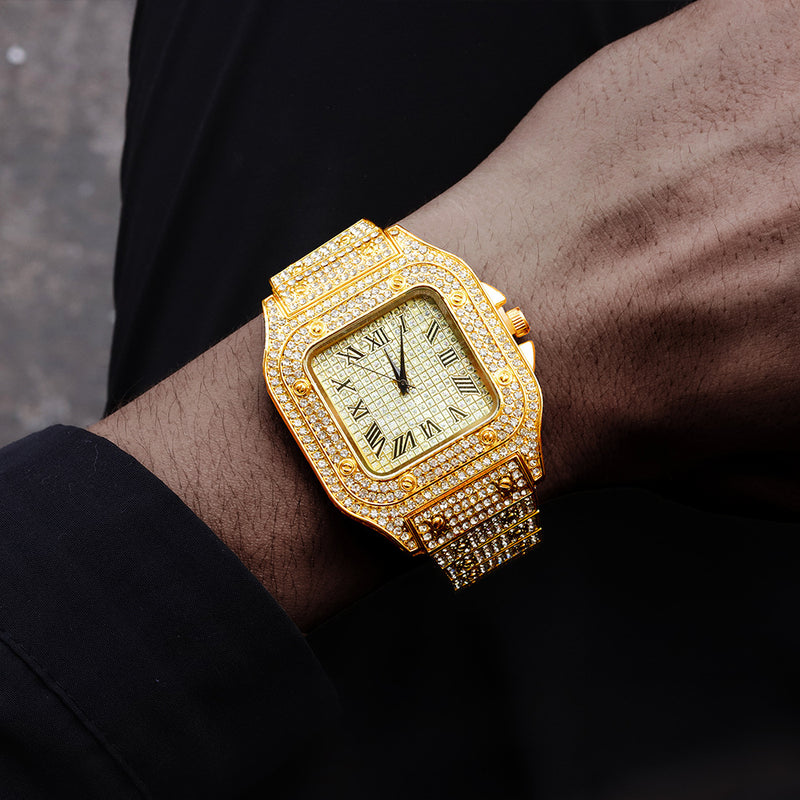 Fashion Luxury Hip-Hop Square Roman Diamond-Plated Stainless Steel Quartz Watch + Oval Hip-Hop Diamond-Plated Bracelet