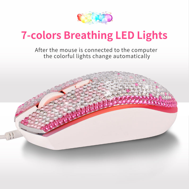 Bling Pink-White Gradient Full Rhinestone RGB Backlit Wired Mouse