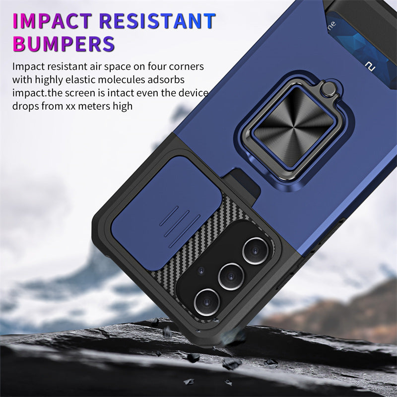 Slide Camera Card Slot Armor Phone Case for Samsung Galaxy S25 Magnetic Ring Stand Back Cover