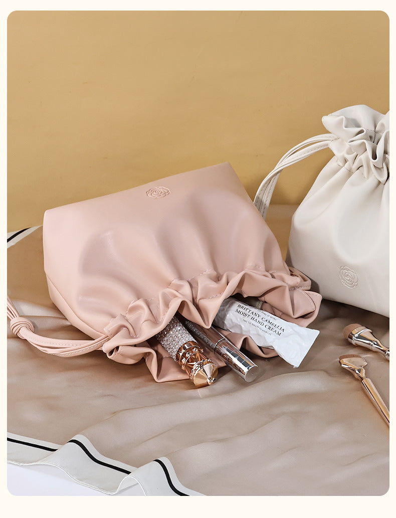 Elegant Soft PU Leather Drawstring Cosmetic Bag Portable Waterproof Makeup Pouch for Woman Travel Toiletry Organizer