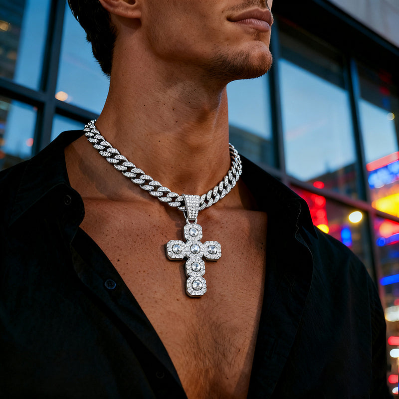 European & American Hip-hop Full Diamond Inlaid Cross Pendant Cuban Choker Necklace