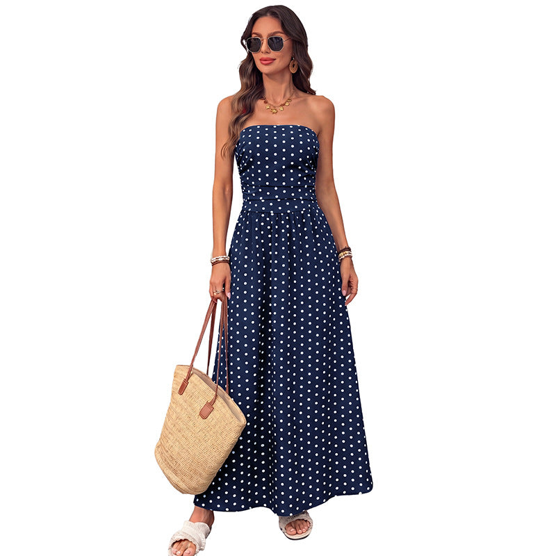 Woman Fashion Summer Dress Blue with white dots