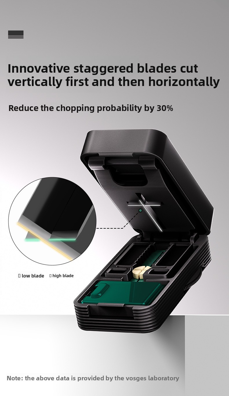 Quarter cut medicine dispenser accurately divides everything into two pills and a portable storage box