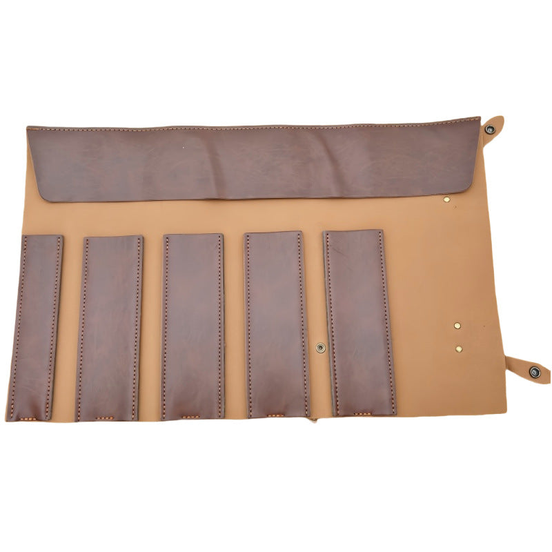 Genuine Leather 5-Slot Knife Roll Storage Pouch, Portable Chef Knife Bag with Handle, Tool Roll for Chefs, Culinary Students