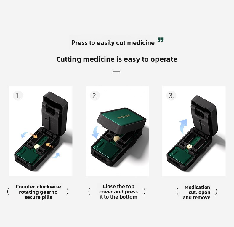 Quarter cut medicine dispenser accurately divides everything into two pills and a portable storage box