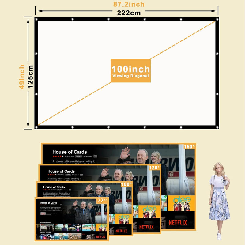 100 Inch 16:9 4K 3D Projector Screen, Foldable Washable Portable Projection Screen for Home Theater