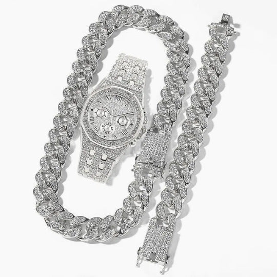 Fashion Square Rhinestone Full Diamond Roman Numeral Dial Quartz Watch Set 3pcs/set