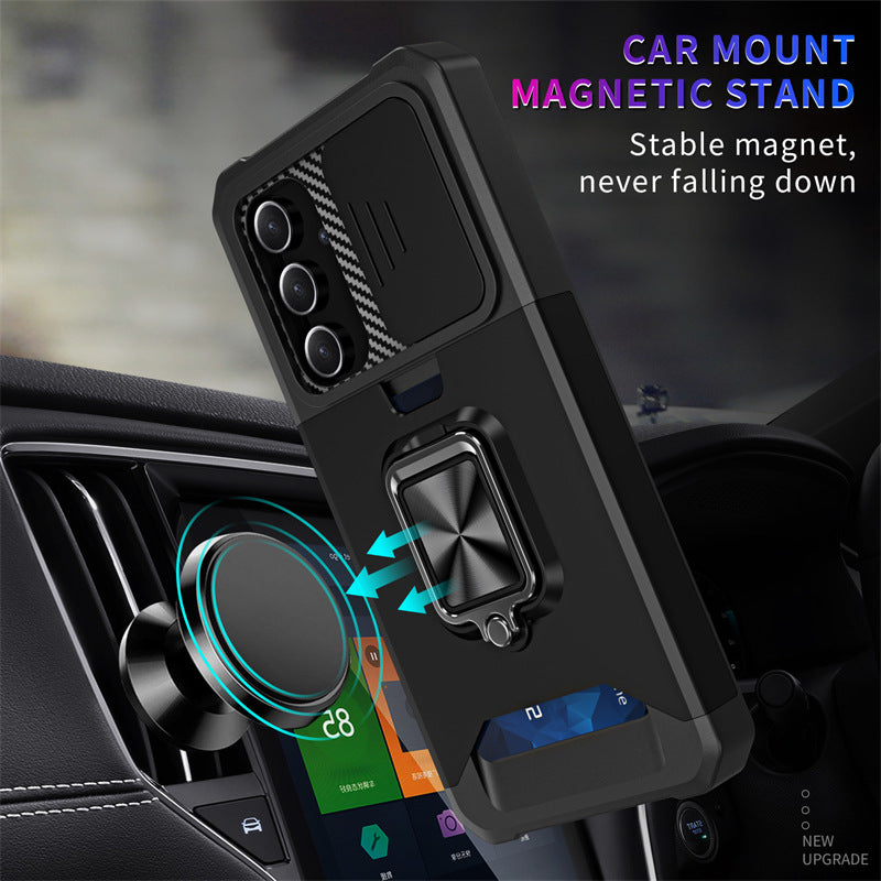 Slide Camera Card Slot Armor Phone Case for Samsung Galaxy S25 Magnetic Ring Stand Back Cover