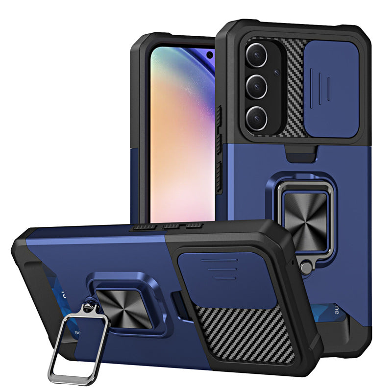 Slide Camera Card Slot Armor Phone Case for Samsung Galaxy S25 Plus Magnetic Ring Stand Back Cover