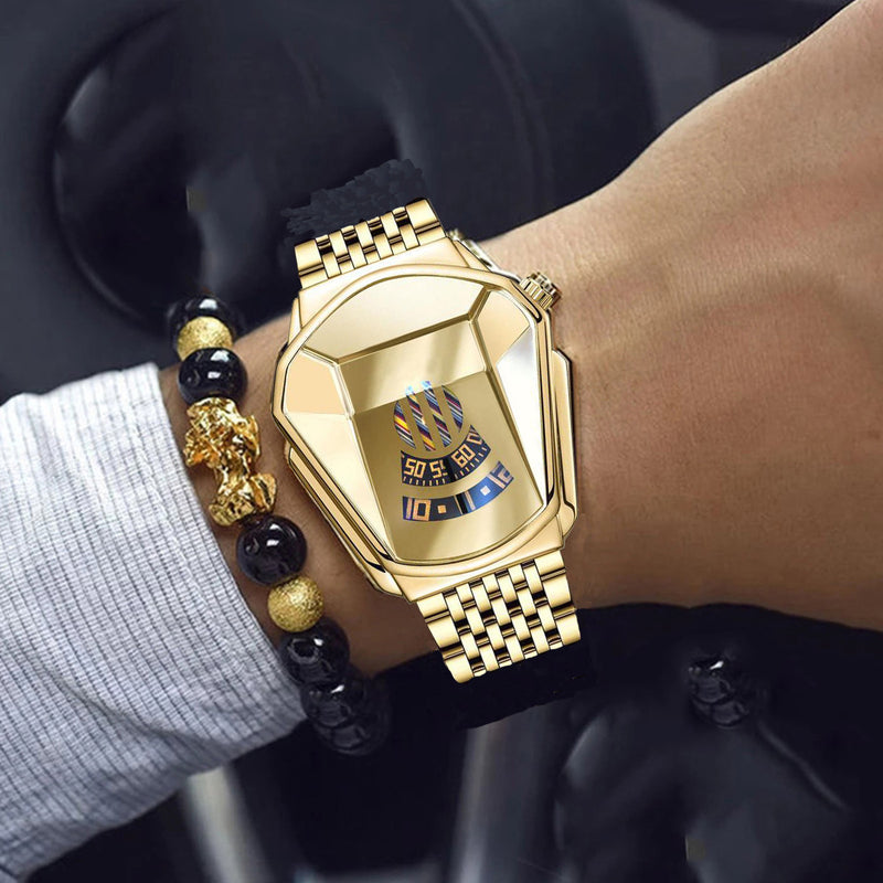 Fashion Luxury Hip-Hop Square Roman Diamond-Plated Stainless Steel Quartz Watch + Oval Hip-Hop Diamond-Plated Bracelet