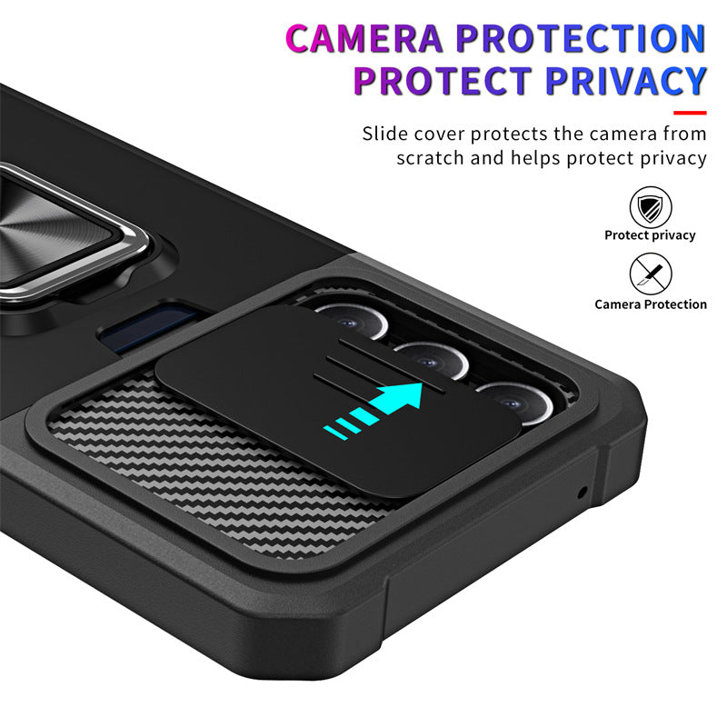 Slide Camera Card Slot Armor Phone Case for Samsung Galaxy S26 Plus Magnetic Ring Stand Back Cover