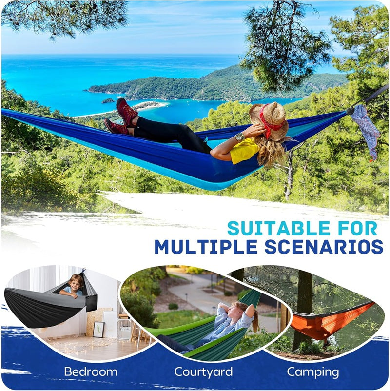 Portable Double Camping Hammock with Tree Straps & Carabiners, Lightweight Nylon Hammock for Outdoor Hiking, Camping, Travel, Backpacking