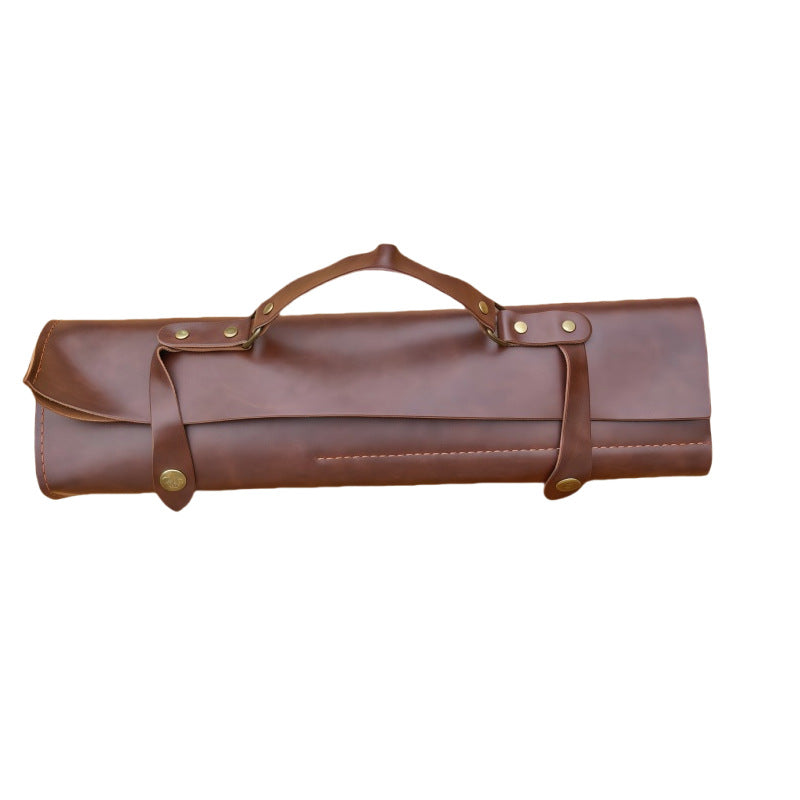 Genuine Leather 5-Slot Knife Roll Storage Pouch, Portable Chef Knife Bag with Handle, Tool Roll for Chefs, Culinary Students