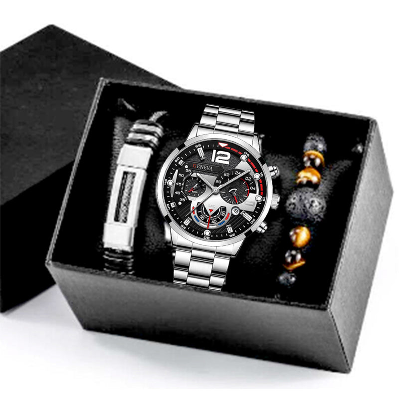 Fashion Luxury Hip-Hop Square Roman Diamond-Plated Stainless Steel Quartz Watch + Oval Hip-Hop Diamond-Plated Bracelet