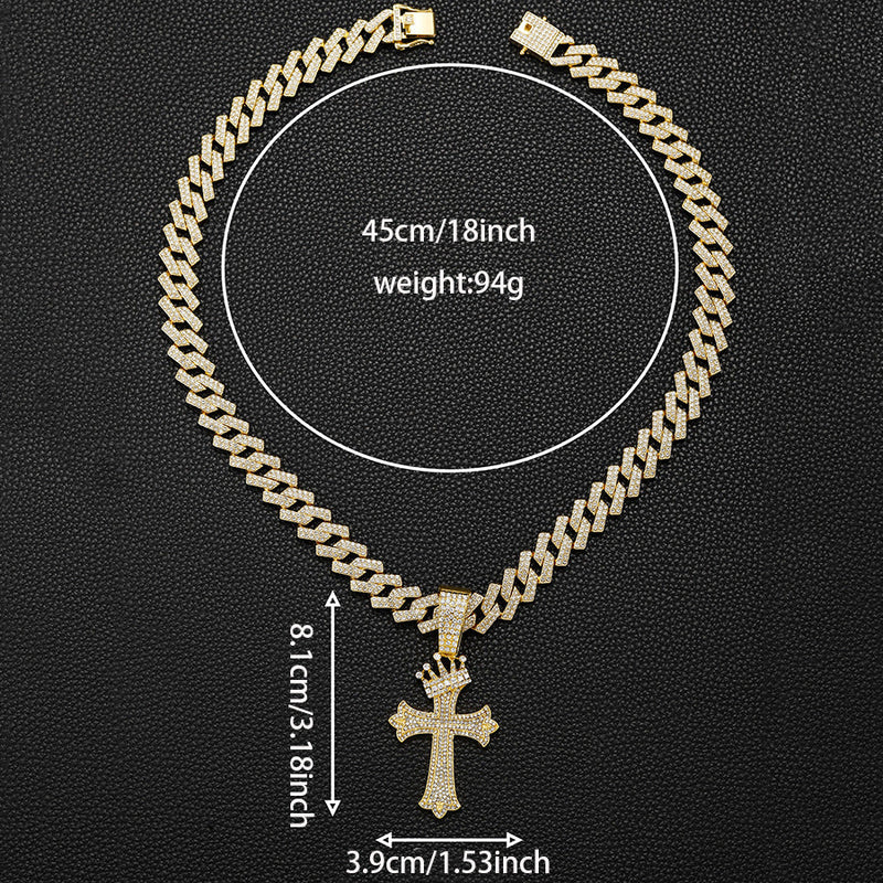 Iced Out Crown Cross Pendant Cuban Link Chain Necklace for Men, Hip Hop Bling Diamond CZ Necklace, Gold Silver Rapper Jewelry