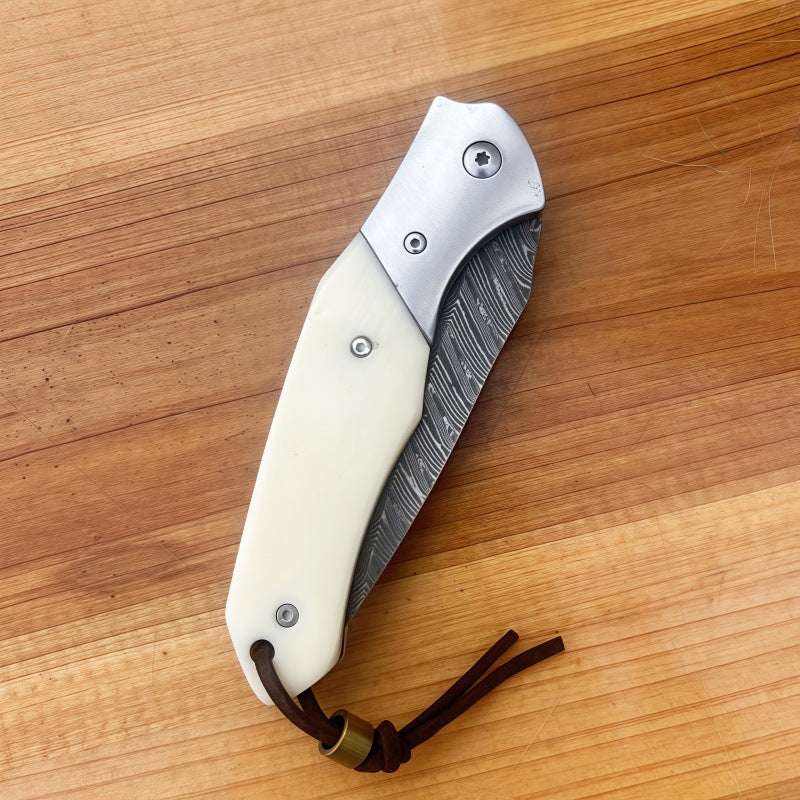 Handmade Damascus Steel Folding Pocket Knife, EDC Liner Lock Knife with White Resin Handle for Camping, Hiking, Everyday Carry