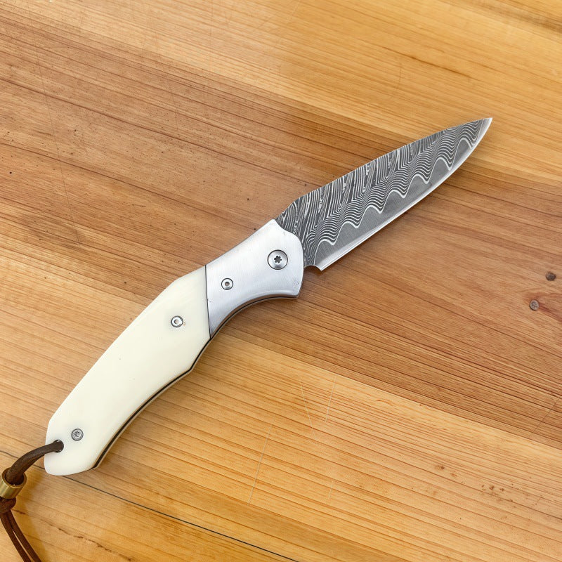 Handmade Damascus Steel Folding Pocket Knife, EDC Liner Lock Knife with White Resin Handle for Camping, Hiking, Everyday Carry