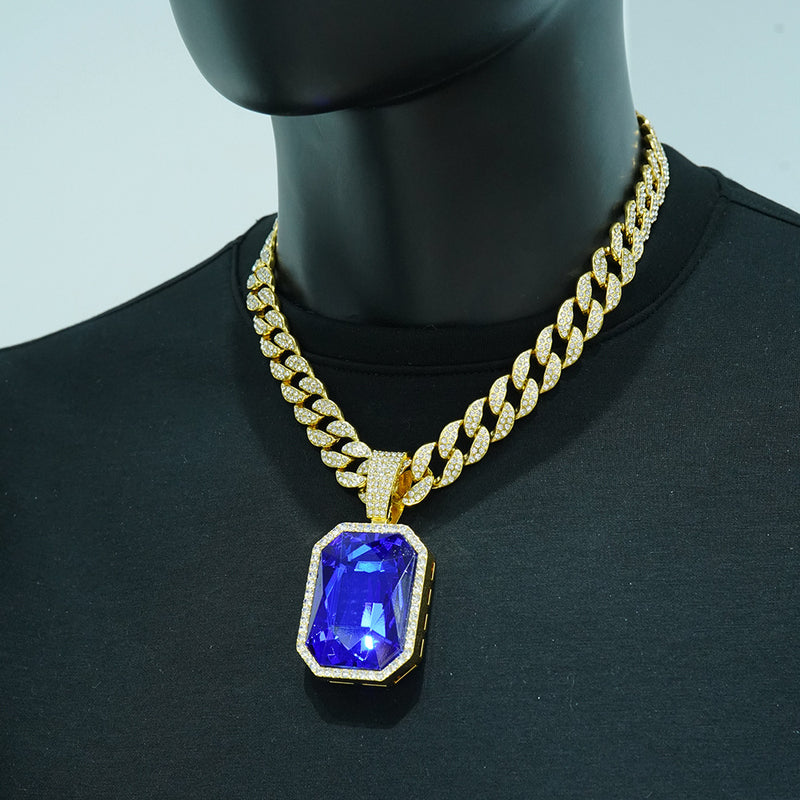 Iced Out Big Gemstone Pendant Cuban Link Chain Necklace for Men, Hip Hop Bling CZ Diamond Necklace, Gold Silver Rapper Jewelry