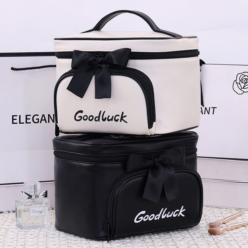 High-quality Eco-Friendly Portable Bow Decor PU Zipper Waterproof Large Capacity Hand-Held Makeup Bag