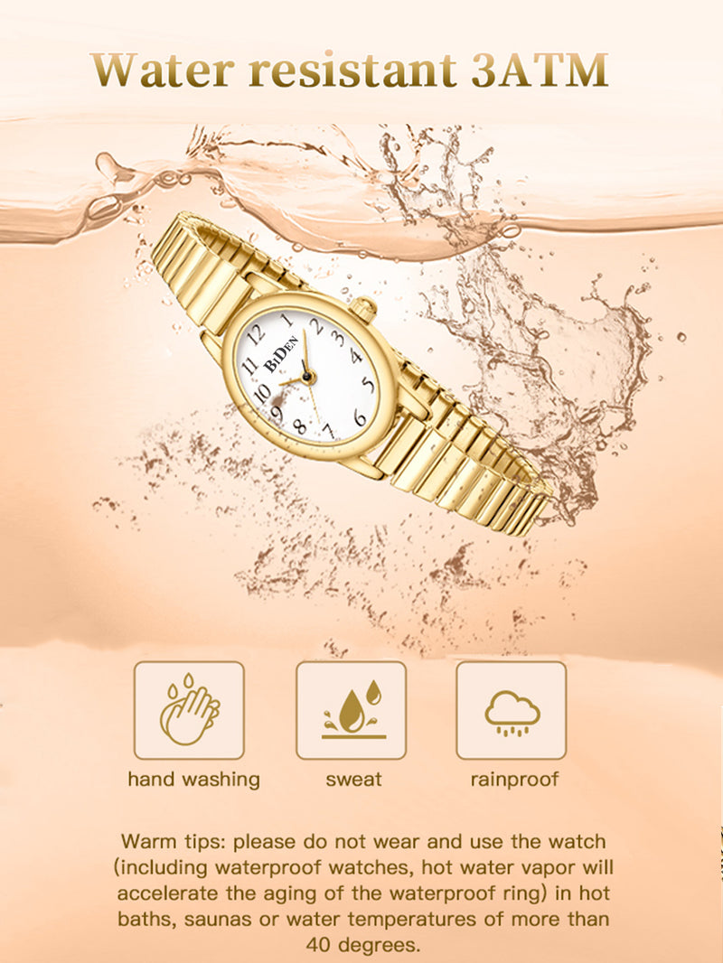 Biden Gold Womans Wrist Watch, 3ATM Waterproof Elastic Band Analog Quartz Watch for Ladies