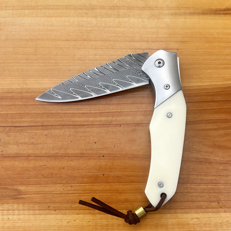 Handmade Damascus Steel Folding Pocket Knife, EDC Liner Lock Knife with White Resin Handle for Camping, Hiking, Everyday Carry