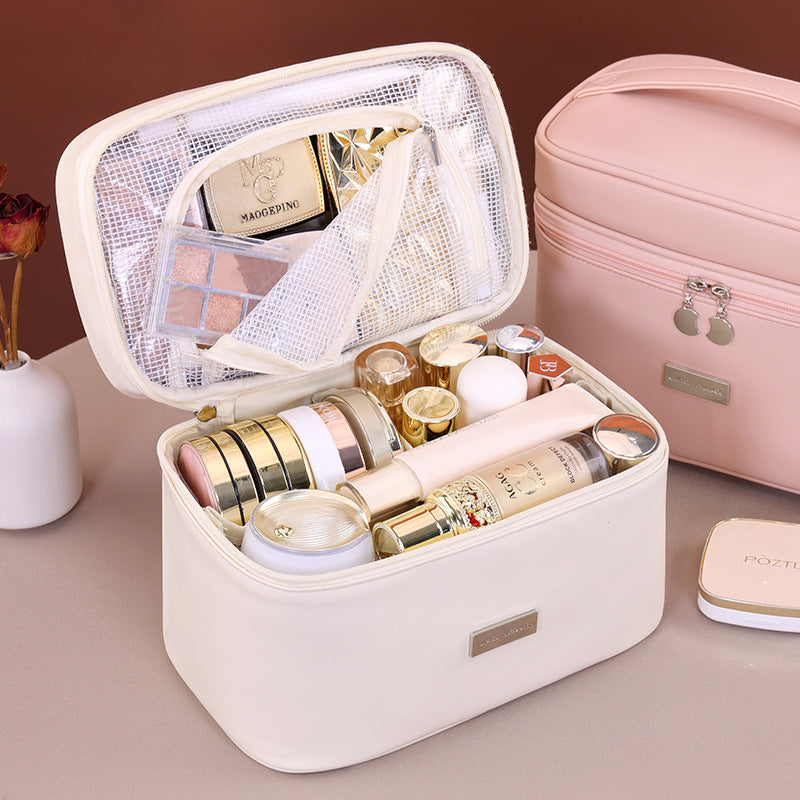 Womans Fashion Luxury Genuine Large PU Leather Waterproof Makeup Cosmetic Case Travel Makeup Storage Bag