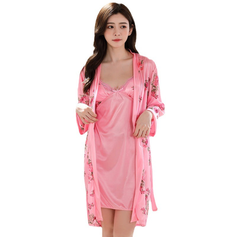 Woman Ice Silk Sleepwear Two-Piece Set with Straps, Underwire, and Bust Pads